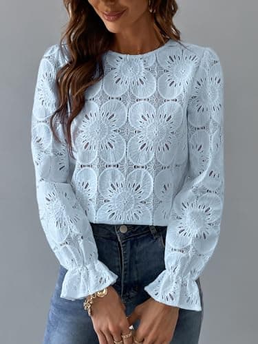 CUPSHE Women Eyelet Long Sleeve Tops Shirts Dressy Hollow Out Crochet Lace Embroidered Blouses 2025 Fashion Top Blue L - Image 7