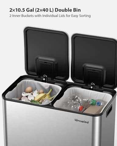Lovewind Trash Can, 2 x 10.5 Gallon (2 x 40 L) Garbage Can for Kitchen Dual Compartment Recycling Kitchen Step Trash Bin, Stainless Steel Trash and Recycle Bin Combo with Soft-Close Lid, Silver - Image 3
