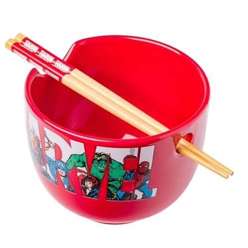 Silver Buffalo Marvel Comics Avengers Retro Featuring Iron Man, Thor, Captain America, Black Widow, Hulk, and Spider-Man Ceramic Ramen Noodle Rice Bowl with Chopsticks, Microwave Safe, 20 Ounces - Image 1