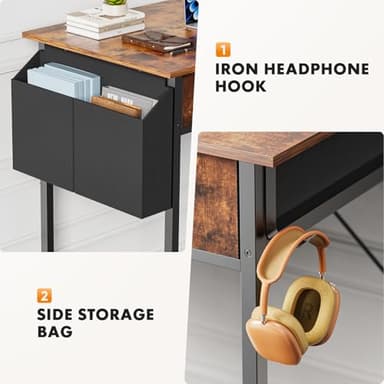 Sweetcrispy Computer Desk Small 32 Inch Home Office Bedroom Writing Study PC Table with Fabric Storage Drawers Space Side Bag Headphone Hook Adjustable Feet Modern Simple Style, Rustic Brown - Image 5