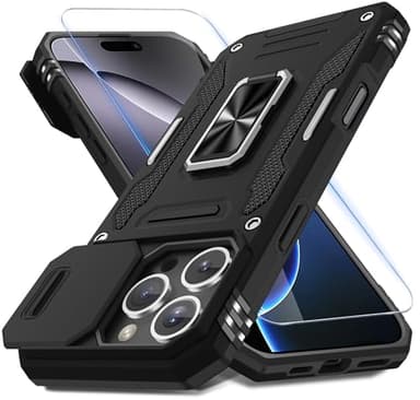 DEERLAMN Case for iPhone 16 Pro Max with Slide Camera Cover+Screen Protector (1 Pack), Rotated Ring Kickstand Military Grade Shockproof Protective Cover-Black - Image 1