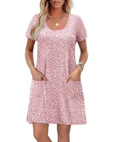 OFEEFAN Summer Dresses for Women 2025 Beach Vacation Loose U Neck T Shirts Casual Short Sleeve Dress Sundresses wih Pockets Trendy Floral 07 S - Image 2