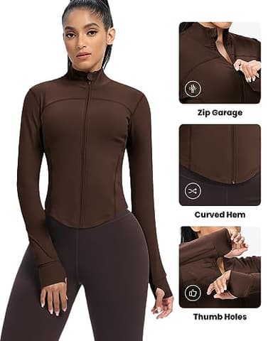 AVGO Women's Cropped Running Workout Jackets Zip Slim Fit Athletic Tops with Thumb Holes(Roasted Brown, M) - Image 4