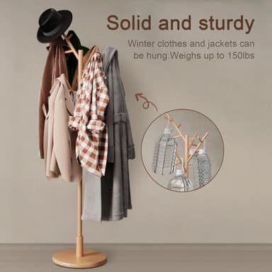Muwuele Coat Rack,Solid Wood Coat Rack Freestanding with 12 Hooks,Coat tree freestanding 3 Adjustable Heights for coat, Hats, Handbags，Coat Stand for Entryway,Bedroom (Natural) - Image 6