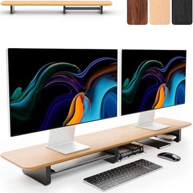 KIVY Dual Monitor Riser With Integrated Metal Shelf [MADE BY HAND] - Wooden Desk Shelf for 2 Monitors - Wide Long Stand for Desk (44 x10x3in - Oak) - Image 1