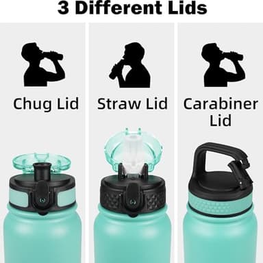 Oldley Insulated Water Bottle 20oz for Adults Kids Stainless Steel Water Bottles with Straw/Chug/Carabiner 3 Lids Fruit Strainer Double Wall Vacuum Wide Mouth BPA Free Leak-Proof for School Travel - Image 2