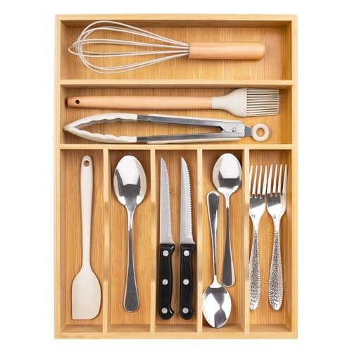 Bellsal Natural Utensil Organizer 12.5 Inch Silverware Organizer for Drawer Utensil Holder Cutlery Organizer Kitchen Drawer Organizer 7 Compartment Small Narrow Bamboo - Image 1