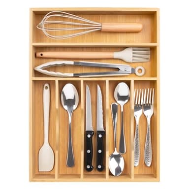 Bellsal Natural Utensil Organizer 12.5 Inch Silverware Organizer for Drawer Utensil Holder Cutlery Organizer Kitchen Drawer Organizer 7 Compartment Small Narrow Bamboo - Image 1