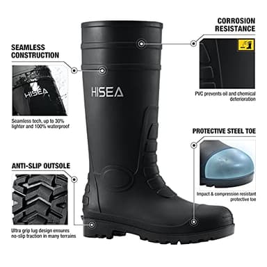 HISEA Men's Steel Toe Rain Boots PVC Rubber Boots, Waterproof Garden Fishing Outdoor Work Boots, Durable Slip Resistant Knee Boots for Agriculture and Industrial Working, Black Size 10 - Image 2