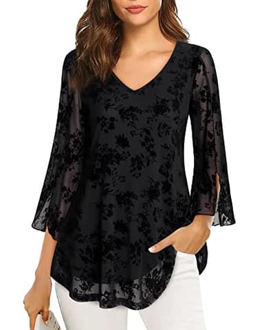 Bebonnie Womens Blouses and Tops Dressy, Bell Sleeve Tops for Women Spring Summer V Neck Business Casual Dress Shirts for Work Office Wear Sheer Swing Blouses Loose Fit Flowy Tunics Black Floral XL - Image 2