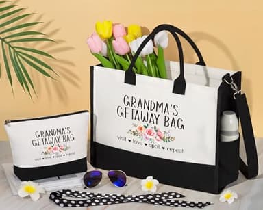 MAYICIVO Grandma Gifts: Canvas Tote Bag & Makeup Bag Set for Grandma, Nana, Gigi, Mimi, Memo from Grandkids, Granddaughter, Grandson - White, 17x13x6.7 inches (Tote), 11x7.5x3.3 inches (Makeup), 55+ - Image 2