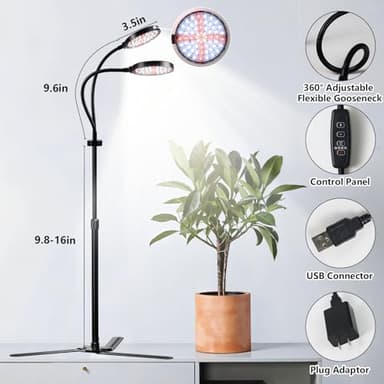 Grow Lights for Indoor Plant, 6000K Full Spectrum Plant Lights for Indoor Growing, 3.5'' LED Dual Ring Grow Light, Height Extendable 9-16'', Auto On Off Timing 4/8/12/18Hrs (Black) - Image 4