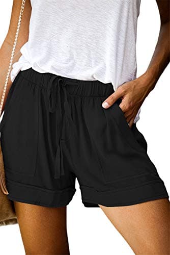 ONLYSHE Womens Elastic Waist Summer Wide Leg Shorts with Drawstring Pockets Black XL - Image 1