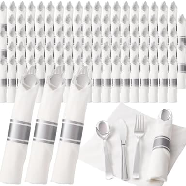 Joyido 200Guests Pre Rolled Silver Plastic Silverware Sets - Heavy Duty Silver Cutlery - Include 200 Pack Wrapped Disposable Utensils with Napkins for Parties & Dinners & Weddings - Image 1