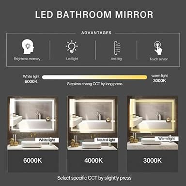 32x24 inch Wall Mounted LED Bathroom Mirror with 3000K-6000K Dimmable, Anti-Fog, Lighted Bathroom Mirror with Smart Touch Button, Memory Function(Horizontal/Vertical - Image 4