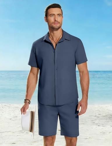 COOFANDY Men's 2 Pieces Cotton Linen Set Short Sleeve Button Down Shirts Summer Beach Shorts Casual Outfits - Image 5