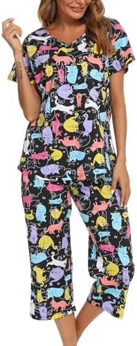 ENJOYNIGHT 2 Pack Womens Pajama Sets Cotton Short Sleeve Top with Capri Pants Summer Pjs Sleepwear - Image 6
