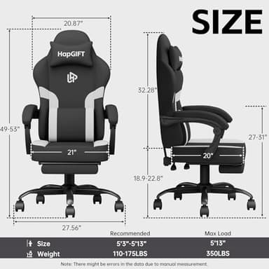 HapGIFT Gaming Chair, Computer Chair with Massage Lumbar Support, Ergonomic Gaming Chair with Footrest, High Back Adjustable Technical Fabric with Headrest, Gamer Chair for Adults (Black-White) - Image 3
