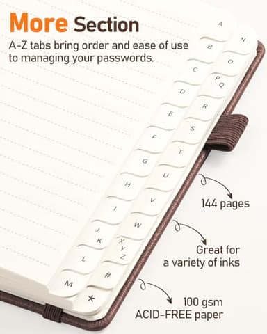 WEMATE Password Book with Alphabetical Tabs, Spiral Password Keeper Book for Seniors, Internet Password Notebook Password Journal Logbook Log in Detail, Small – 4.7''x 6'' (Brown) - Image 4