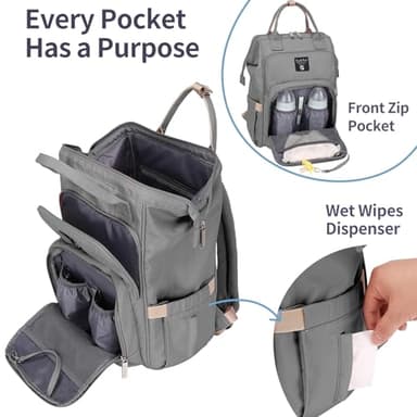 Pomelo Best Diaper Bag Backpack Stylish Waterproof Multifunctional Large Baby Bag with Changing Mat and Stroller Straps (Light Grey) - Image 5