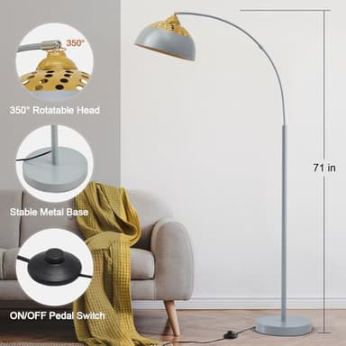Arc Floor Lamps for Living Room, 71" Standing Lamp with Adjustable Lamp Head, Silver Metal Tall Lamps with Foot Switch, Arched Reading Light for Bedroom, Office, 9W 3 Color Temperatures Bulb Included - Image 2