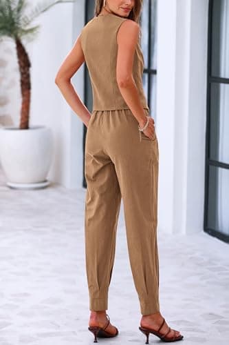 PRETTYGARDEN Women's Two Piece Cotton Sets V Neck Button Down Cropped Tank Tops Vest And Pockets Pants Fashion Summer Outfits (Brown,Large) - Image 2