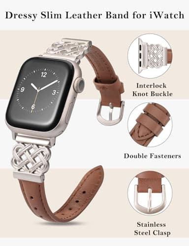 TOYOUTHS Compatible with Apple Watch Bands Women 42/44/45/46/49mm Dressy Slim Leather Strap with Celtic Knot Interlock Buckle for iWatch Band Series 11 10 9 8 7 6 5 4 SE/Ultra 3 2 1, Brown/Starlight - Image 2