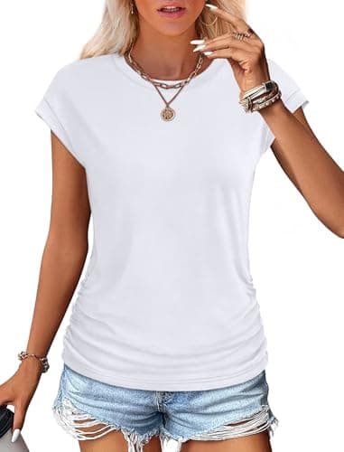 Tshirts Shirts for Women Cap Sleeve Summer Cute Tops Work Soft Basic Tees Scoop Neck Casual Loose Fit White XL - Image 2