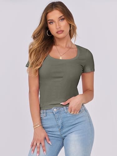 ANRABESS Women Short Sleeve Tops Scoop Neck Ribbed Knit Slim Fitted Basic Tee Shirts Casual Summer Clothes 2025 Fall Outfits Army Green X-Large - Image 2