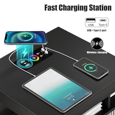 Nightstand with Charging Station and LED Lights, Night Stand with 2 Drawers, Wood Smart Bedside Table, Modern Bed Side Table for Bedroom, Black - Image 3