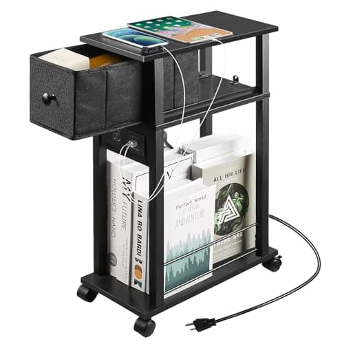DGSANDGO Side Table with Charging Station and Drawer, Narrow End Table with USB Ports and Outlets for Small Space, Living Room, Bedroom and Office, with 4 Wheels (1, Black) - Image 1