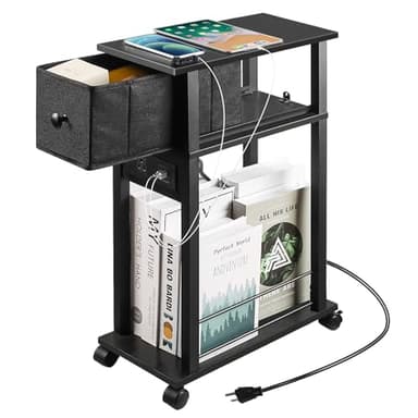 DGSANDGO Side Table with Charging Station and Drawer, Narrow End Table with USB Ports and Outlets for Small Space, Living Room, Bedroom and Office, with 4 Wheels (1, Black) - Image 1