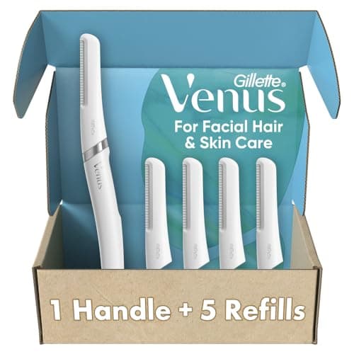 Gillette Venus Facial Razor, Exfoliating Dermaplaning Tool for Face, Replaceable Refills, Removes Fine Facial Hair, Exfoliates Dead Skin, Skin Defense Guard, Handle with 5 Blade Refills - Image 1