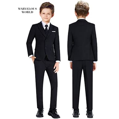 Marvelous World Boys Suits Black Slim Fit Size 12 Formal Suits for Kids Toddler Tuxedos Dresswear Ring Bearer Outfit Boys' Wedding Suits Set Dress Clothes Teen Youth 5-Piece Adjustable Waist - Image 2