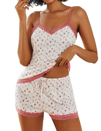 Avidlove Womens Pajama Sets Modal Sleepwear Lace Trim Short Pjs Sets for Women With Shorts (Small Crushed Flowers, L) - Image 1