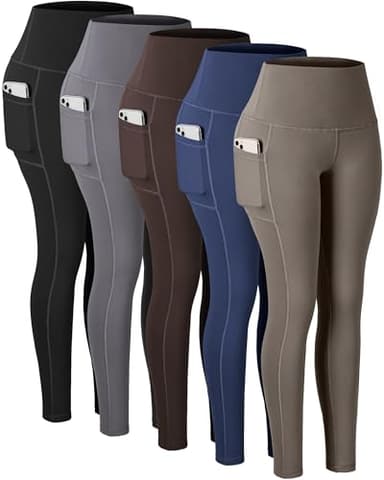 CHRLEISURE Leggings with Pockets for Women, High Waisted Tummy Control Workout Yoga Pants(5 Packs, Black,Gray,Brown,Navy,Khaki,2XL) - Image 1