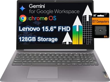 Lenovo Chromebook 15 (15.6" FHD Display, 4GB RAM, 128GB Storage (64GB eMMC + 64GB SD Card) 2TB Cloud Storage, Intel Celeron), Home & Student Laptop, Webcam, Wi-Fi 6, 10-Hr Long Battery Life, Chrome OS - Image 1