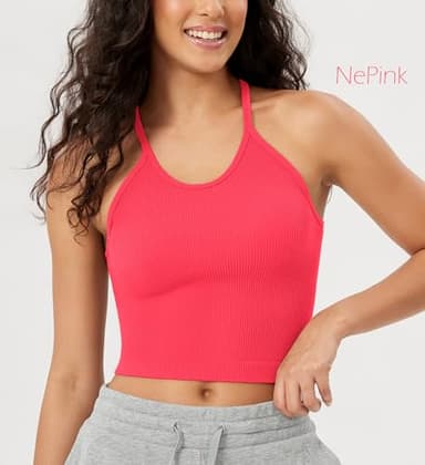 ODODOS Women's Crop 3-Pack Seamless Rib-Knit Camisole Crop Tank Tops, Long Crop, Neon Pink Green Orange, Medium/Large - Image 2