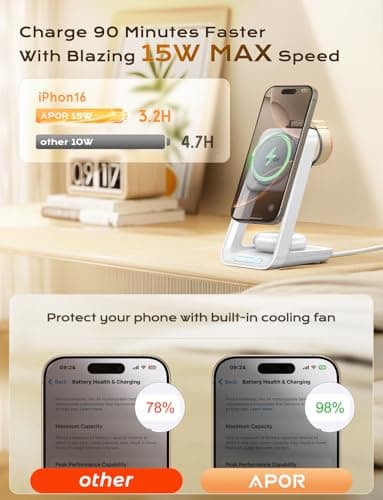 3 in 1 Charging Station for iPhone, Magsafe Wireless Charger with Cooling Fan for iPhone 16 15 14 13 12 Series & Apple Watch Charger 10/Ultra 2, Wireless Charging Station for AirPods 4/3/Pro/Pro 2 - Image 3