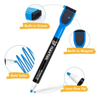 maxtek Magnetic Whiteboard Markers - 12 Count Colorful Fine Tip Dry Erase Markers with Eraser for Kids, Low Odor Thin Markers for Calendar Boards - Image 2