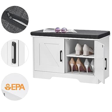 HOMSHO 2-Tier Storage Bench, 27.6" Wide Shoe Bench with Padded Seat Cushion, Entryway Bench with 2 Barn Doors and Adjustable Shelf, White - Image 7