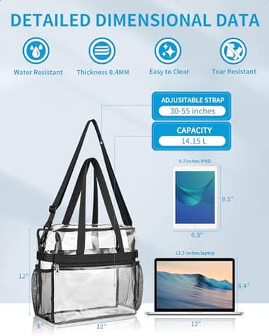 Paxiland Clear Bag for Stadium Events 12x6x12, Large Clear Tote Lunch Bag Stadium Approved with Reinforced Shoulder Straps for Concert Outfits and Festival, Transparent Handbag for men - Black - Image 2