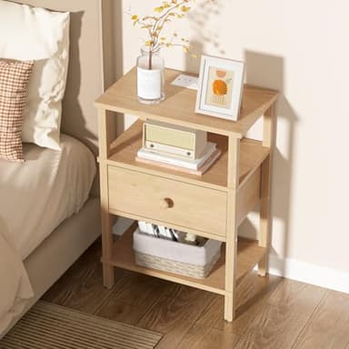 Lerliuo Nightstand Set of 2 with Charging Station and USB Ports, 3-Tier Storage End Table with Drawer Shelf, Night Stand for Small Spaces, Wood Bedside Table for Living Room, Bedroom - Natural Wood - Image 4