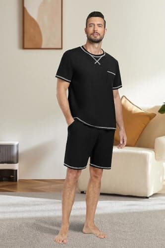 PrinStory Men's Pajamas Set Sleepwear Lightweight Short Sleeve Shirts and Shorts Soft 2 Piece Lounge Cozy Nightwear Black US L - Image 5