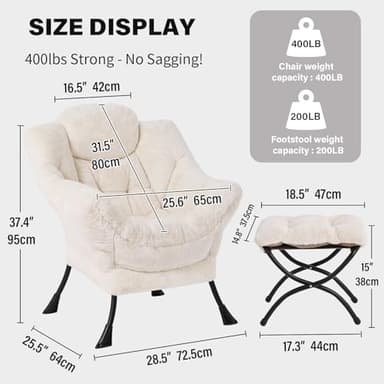 Tiita Lazy Chair with Ottoman, Modern Large Accent Lounge Armchair, Comfy Leisure Sofa Reading Chair with Footrest for Bedroom, Living Room, Dorm Rooms, Garden and Courtyard, Plush Beige - Image 2
