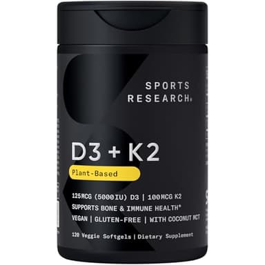 Sports Research Vitamin D3 with K2 Softgels - Plant Based K2 & Vegan D3 5000iu with Coconut MCT Oil - Vegan Certified, Soy & Gluten Free - 120 Count - Image 1