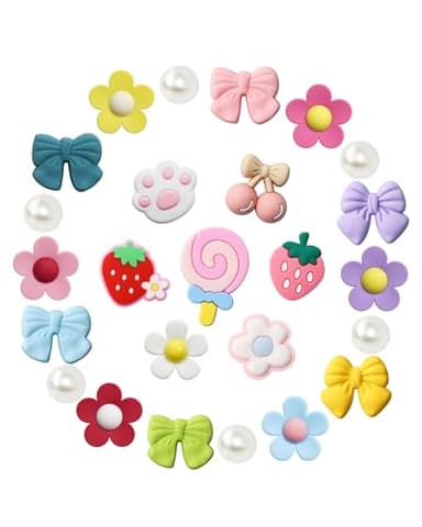 COYWX Cute Shoe Charms for Girls & Women, Colourful Aesthetic DIY Accessories with Pearl, Bowknot, Flower, Strawberry, Cherry for Party, Travel, Birthday Gifts - Image 1