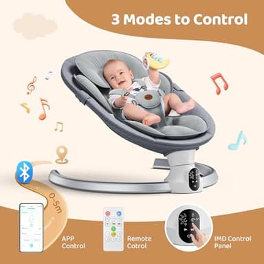 Baby Swings for Infants - Exclusive App & Bluetooth Function, Electric Baby Swing with 5 Point Harness & 5 Sway Speeds, 10 Preset Lullabies, Portable Infant Swing for Indoor/Outdoor (Light Gray) - Image 2