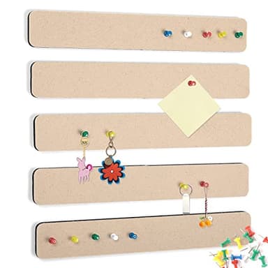 5 Pack Felt Pin Board Bar Strips Bulletin Board for Bedrooms Offices Home Wall Decoration, Notice Board Self Adhesive Cork Board with 35 Push Pins for Paste Notes, Photos, Schedules (Camel) - Image 1