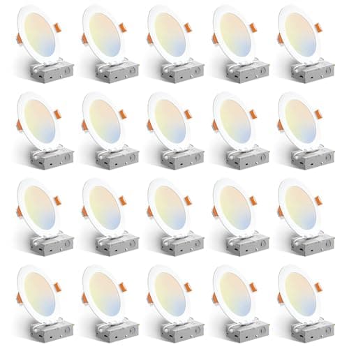 Amico 20 Pack 6 Inch 5CCT Ultra-Thin LED Recessed Ceiling Light with Junction Box, 2700K/3000K/3500K/4000K/5000K Selectable, 12W Eqv 110W, Dimmable Can-Killer Downlight, 1050LM Wafer Lighting - ETL - Image 1